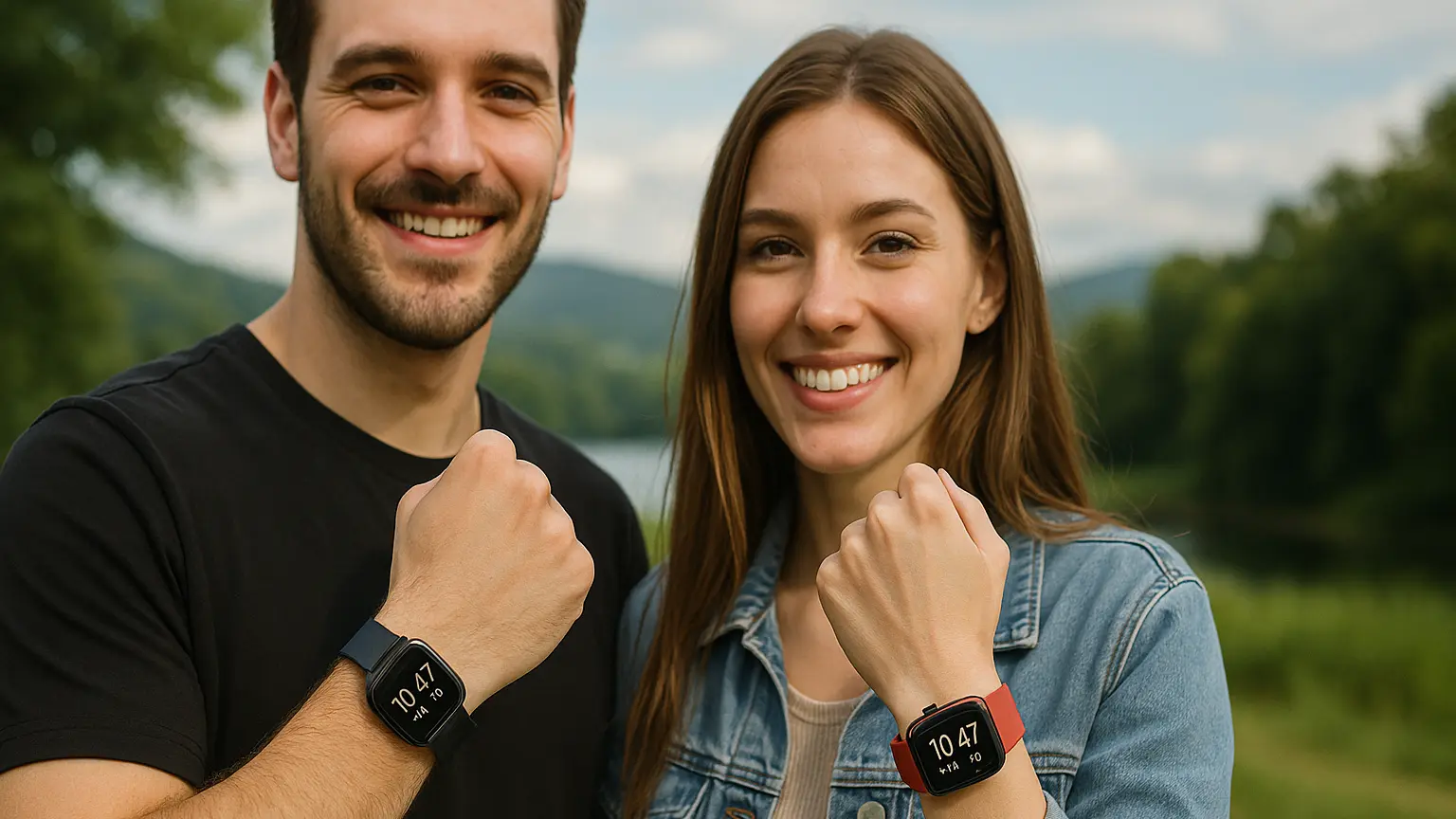 زوج جوان با ست ساعت ورزشی دیجیتال زنانه و مردانه در فضای باز و طبیعت